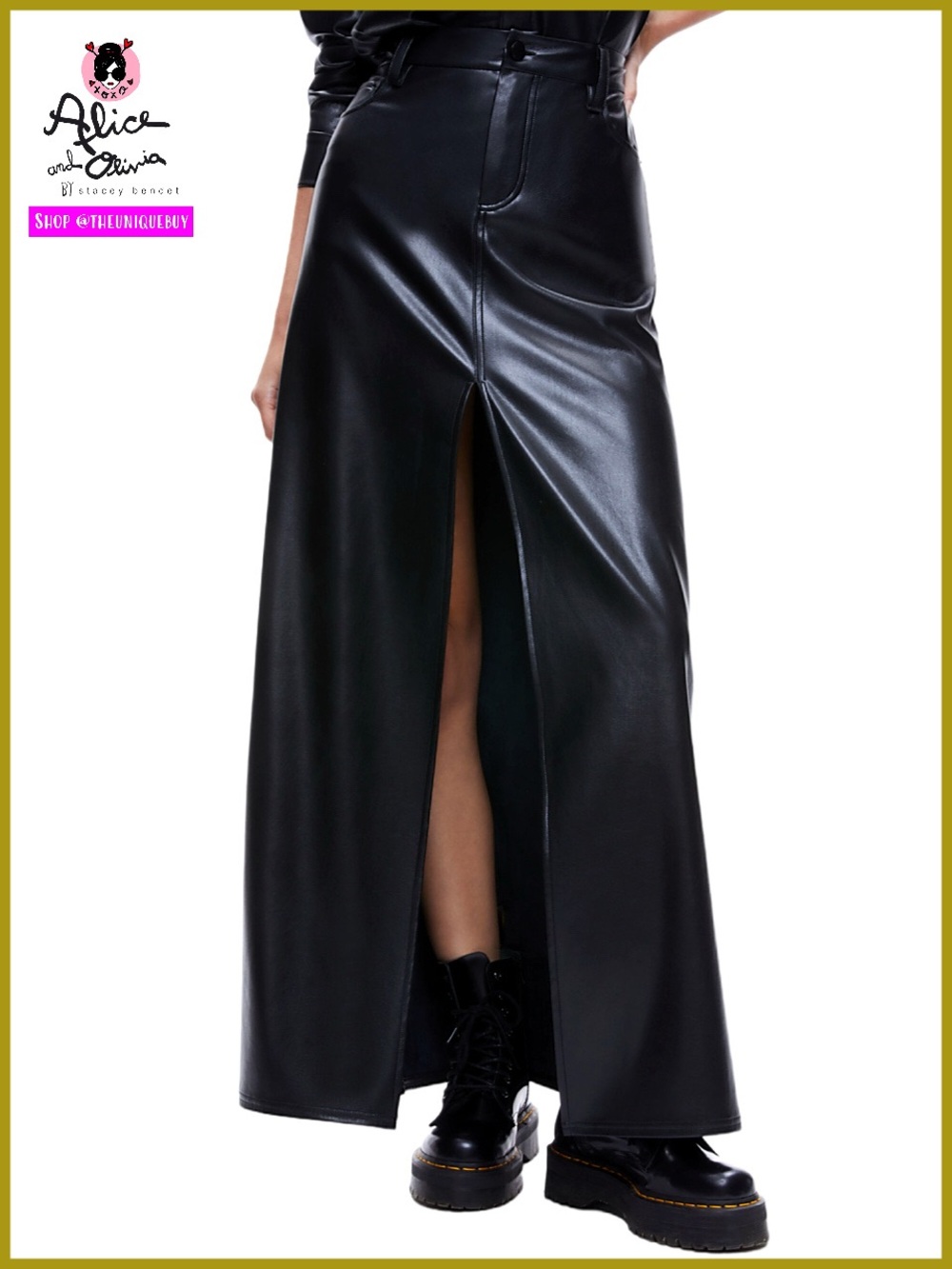 Alice + Olivia Rye Vegan Leather Front Slit Black Maxi Skirt